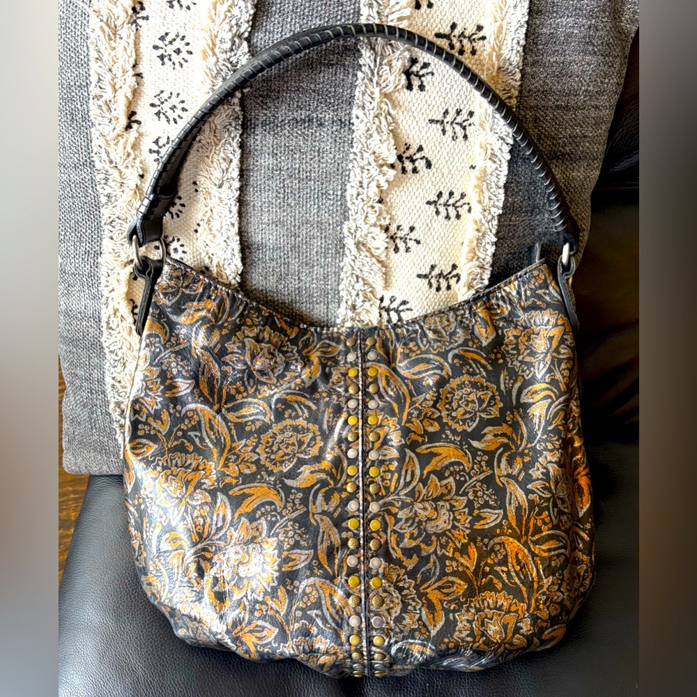 Patricia Nash Bello Tri-metallic Hobo bag, red-gold silver black leather